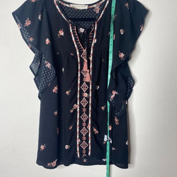 Lovestitch Black Pink White Floral Aztec Front Tie Side Ruffle Sleeveless Top SM - Picture 10 of 11